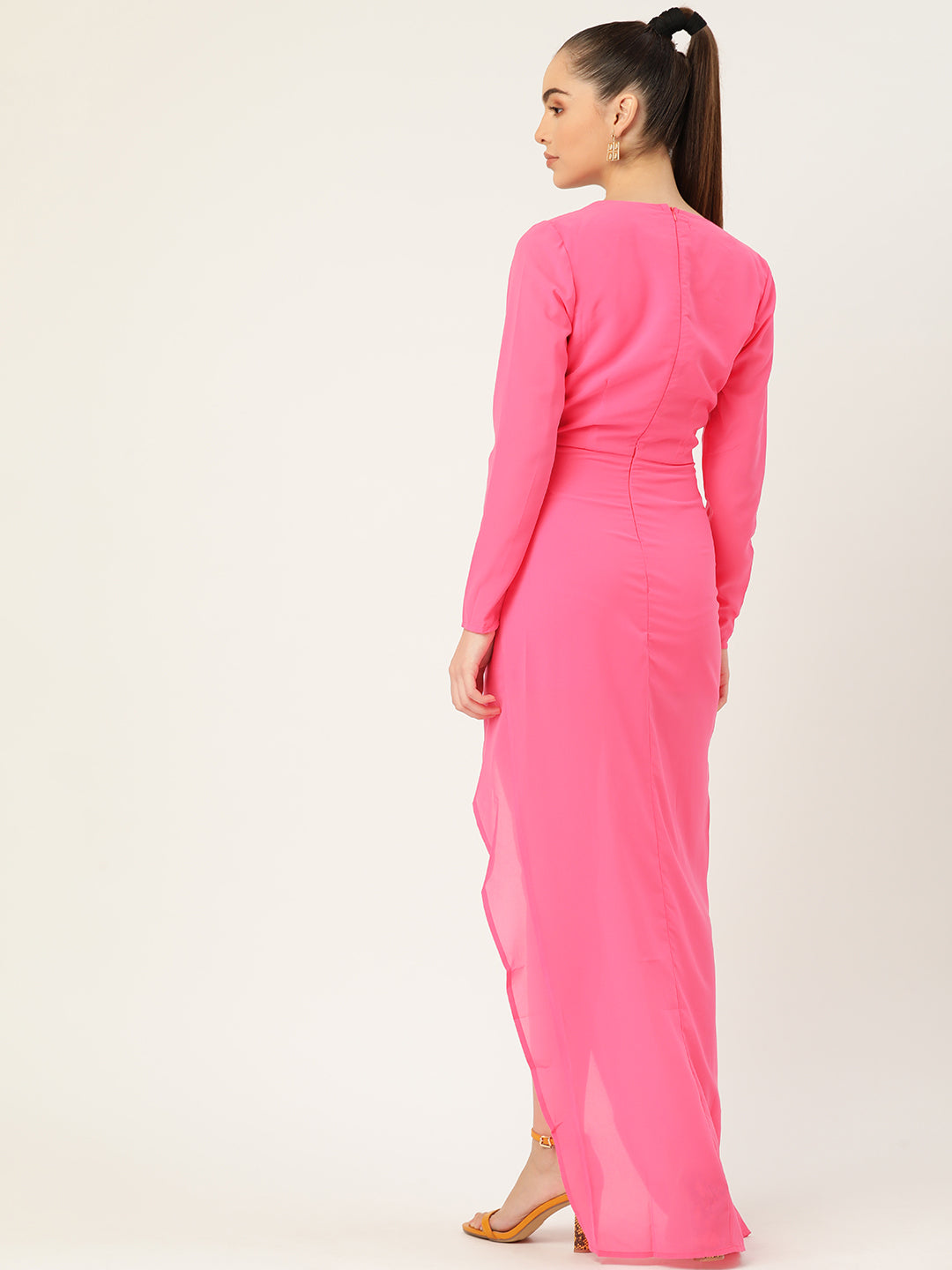 Elegant Pink Wrap Maxi Dress with Long Sleeves and Side Slit for Women