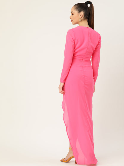 Elegant Pink Wrap Maxi Dress with Long Sleeves and Side Slit for Women