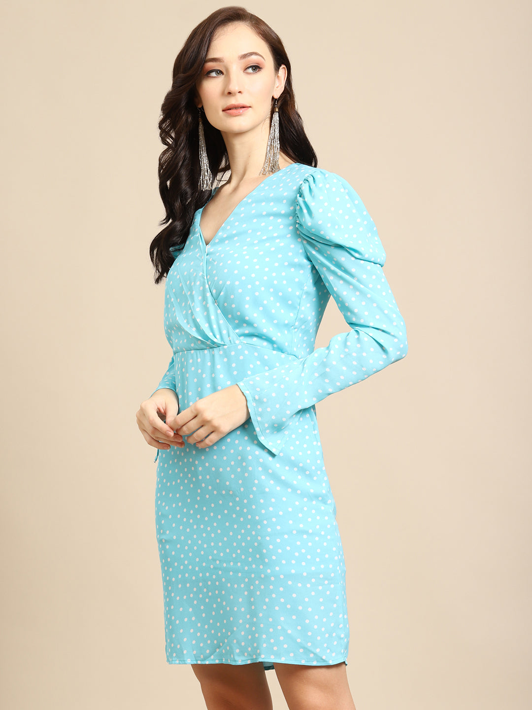 Sky Blue Polka Dot Bodycon Dress for Women | V-Neck Long Sleeve Ruched Dress