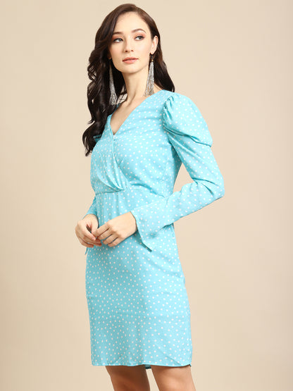 Sky Blue Polka Dot Bodycon Dress for Women | V-Neck Long Sleeve Ruched Dress