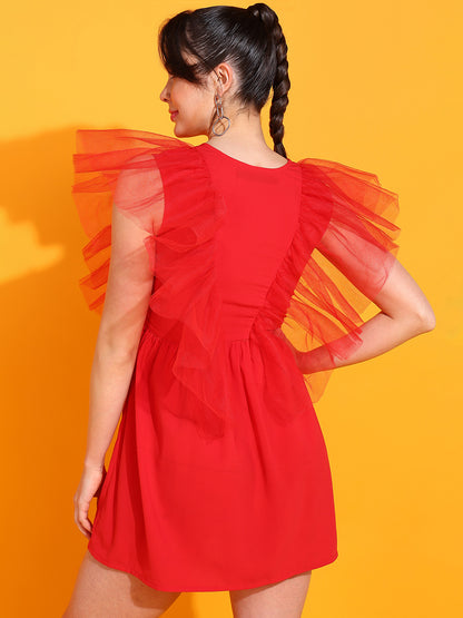 Orange Ruffle Tulle V-Neck Mini Dress for Women Partywear