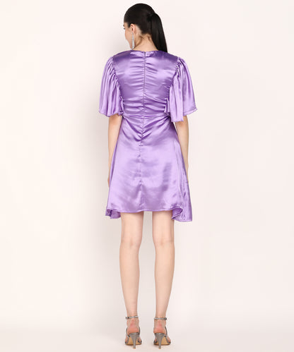Lilac Satin Mini Dress with Puff Sleeves and Round Neck for Women