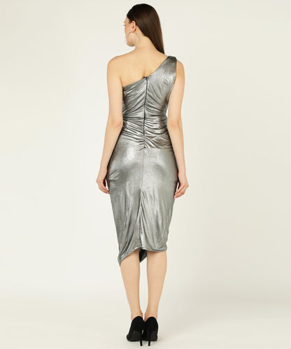 Metallic Silver One Shoulder Bodycon Ruched Midi Dress for Women