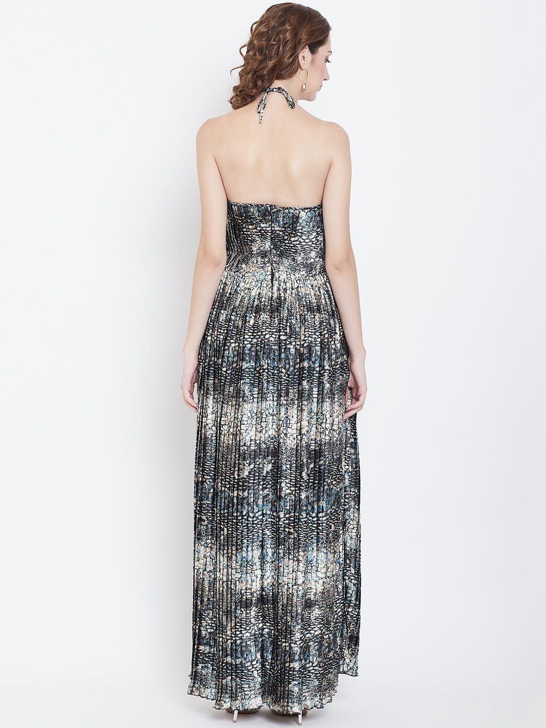 Shimmer Pleated Halter Neck Maxi Dress for Evening Glam