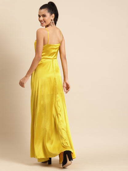 Yellow Satin Wrap Maxi Dress for Women | Elegant Slit Gown for Parties