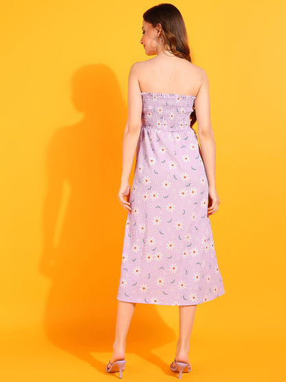 Women’s Lilac Strapless Floral Smocked Midi Dress
