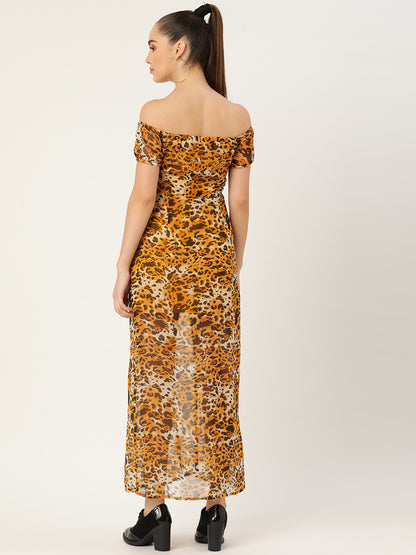 Off-Shoulder Leopard Print Maxi Dress with Front Slit