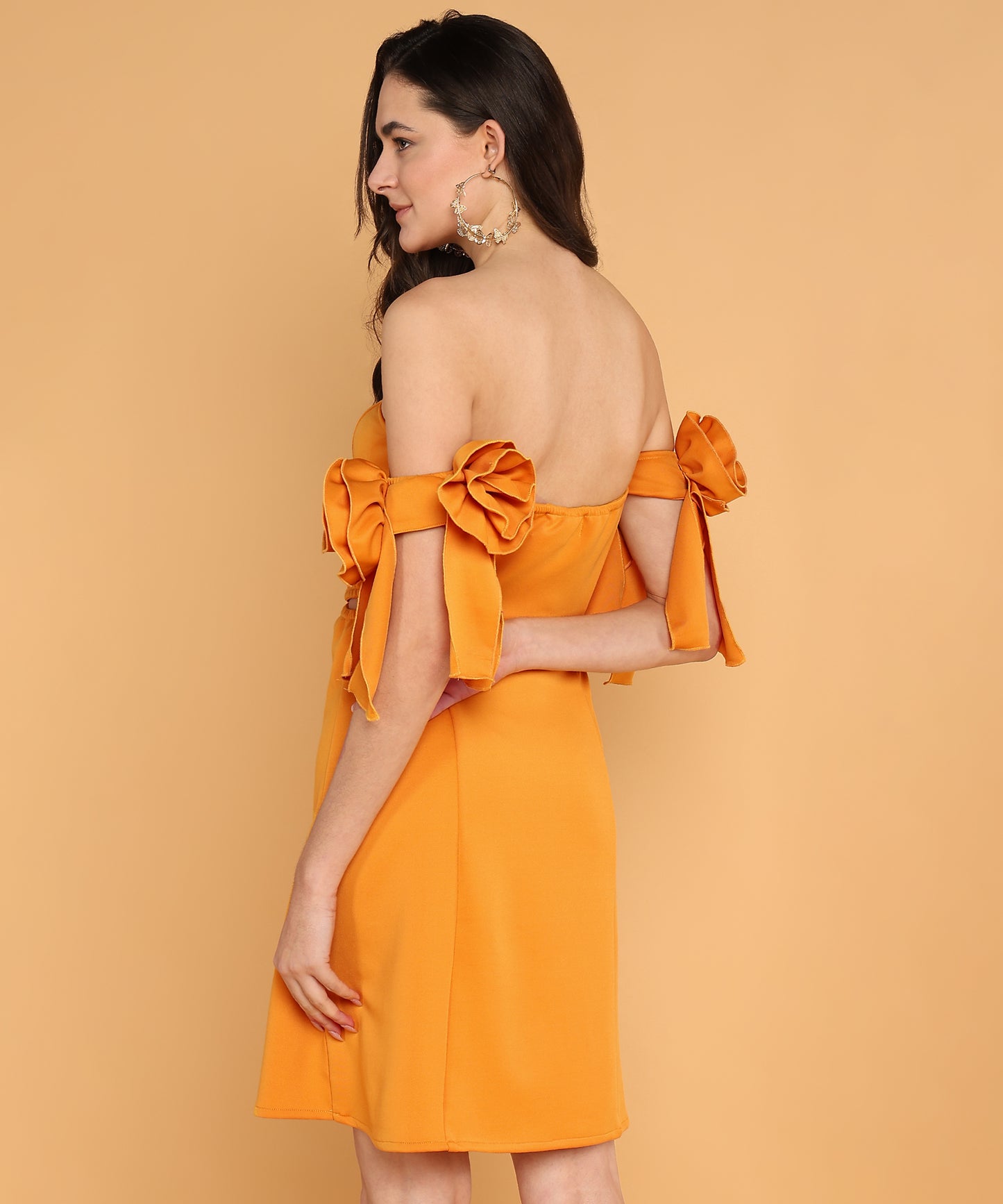 Orange Off-Shoulder Mini Dress with Floral Sleeve Bows for Women