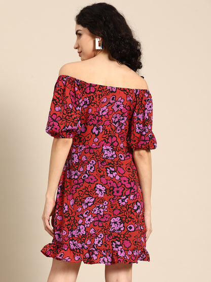 Floral Off-Shoulder Mini Dress with Puff Sleeves