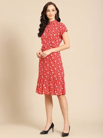 Red Floral Midi Dress for Women – High Neck Short Sleeve Summer Dress with Ruffle Hem