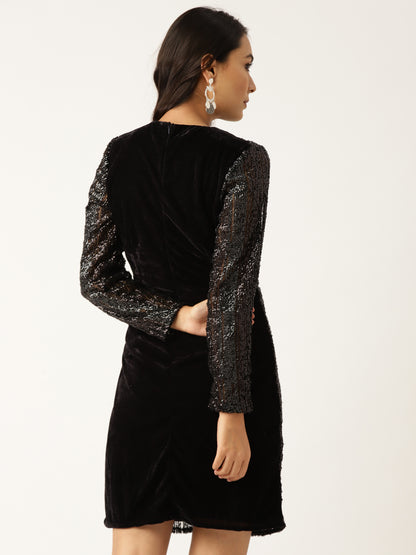 Black Sequin V-Neck Mini Dress with Long Sleeves – Glam Party Wear