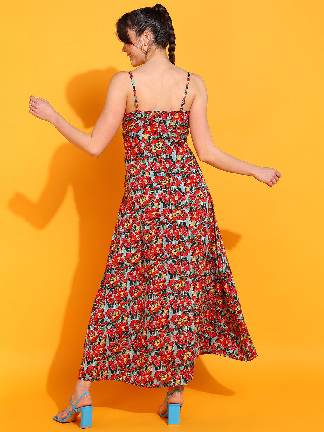 Red Floral Maxi Dress for Women with Slit and Spaghetti Straps