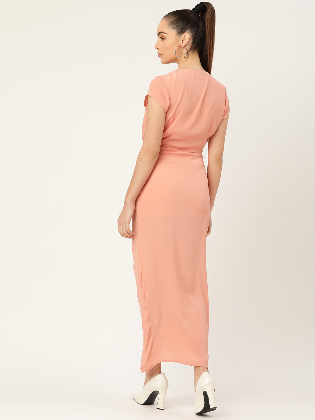 Women Peach Wrap Maxi Dress with Ruched Detail and High Slit