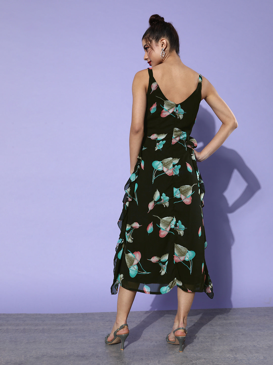 Women's Black Floral Printed Sleeveless Midi Dress Asymmetric Ruffle Hem Western Wear