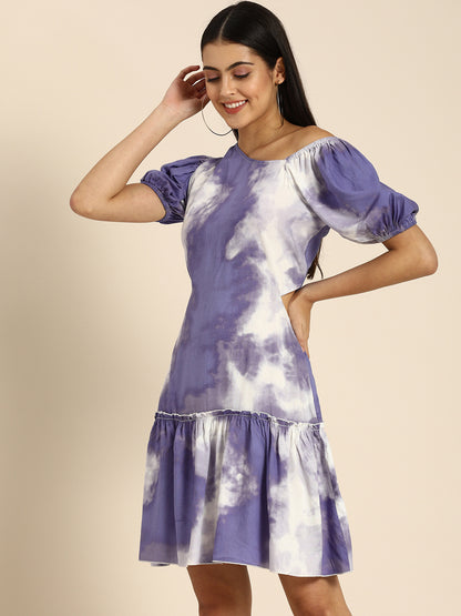 Purple Tie-Dye Off-Shoulder Short Dress with Puff Sleeves