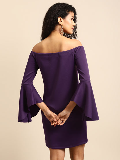 Purple Off Shoulder Bell Sleeve Bodycon Dress for Women