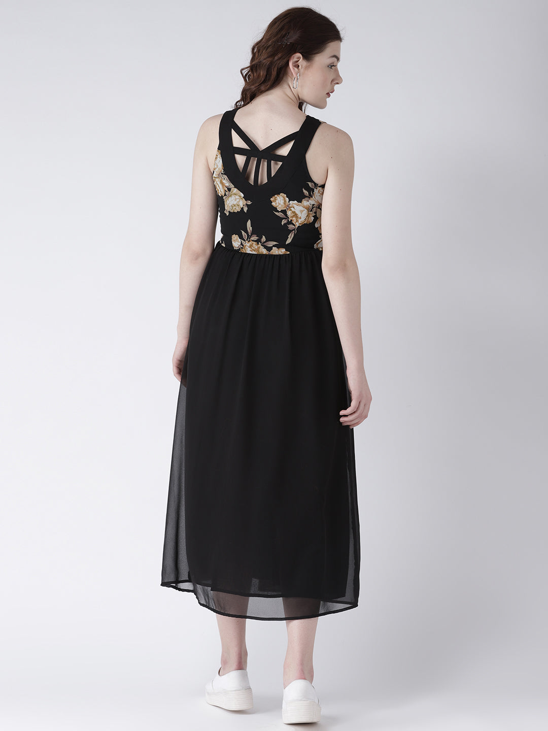 Women's Black Floral Print Sleeveless Flared Maxi Dress with Gold Border