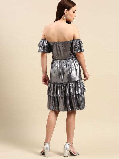 Metallic Silver Off-Shoulder Dress - Tiered Ruffles, Party Wear