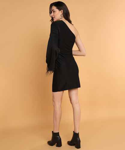 Black One-Shoulder Bodycon Mini Dress with Long Sleeve for Women