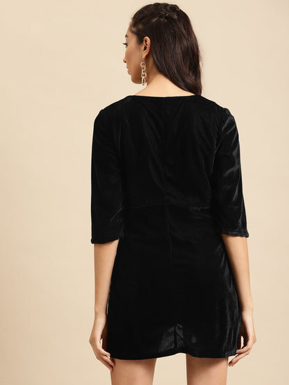 Black Velvet Bodycon Mini Dress with Wrap Detail