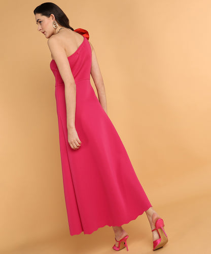 Hot Pink One Shoulder A-Line Midi Dress with Statement Bow for Women