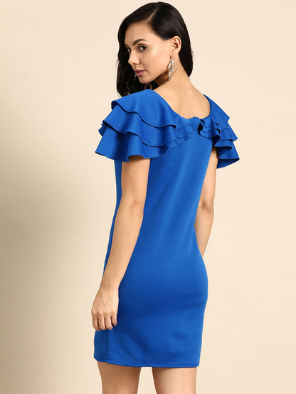 Royal Blue Ruffle Sleeve Bodycon Dress for Women | Elegant Party Wear Outfit