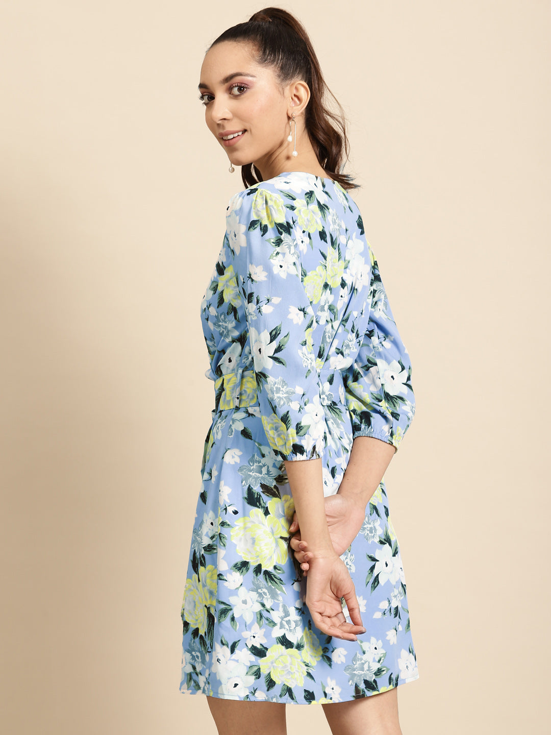 Women's Blue Floral Wrap Dress – Elegant V-Neck Short Dress with Waist Tie for Summer & Day Outings