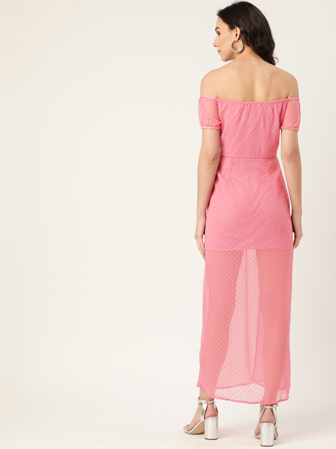 Chic Pink Off-Shoulder Maxi Dress for Women – Sheer Slit Party Wear Summer Outfit