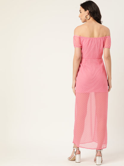 Chic Pink Off-Shoulder Maxi Dress for Women – Sheer Slit Party Wear Summer Outfit