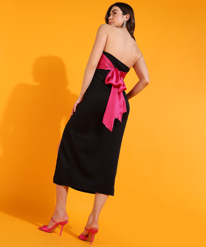 Two-Tone Strapless Dress with Thigh High Slit – Elegant Black and Pink Party Dress