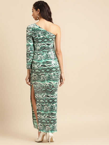 Women Green Animal Print One Shoulder Bodycon Maxi Dress