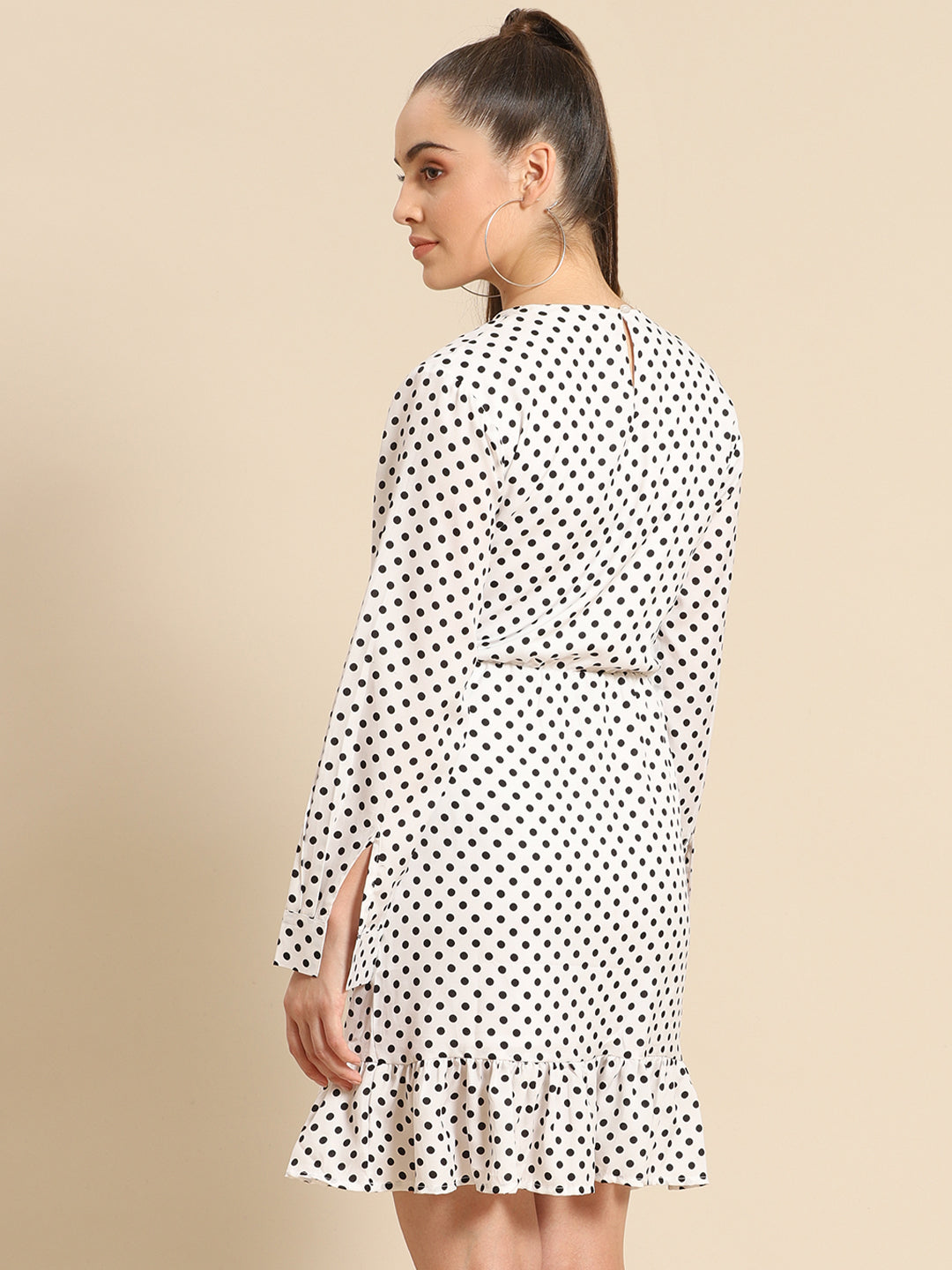 White Polka Dot Mini Dress for Women | Long Sleeve Casual Ruffle Hem Outfit