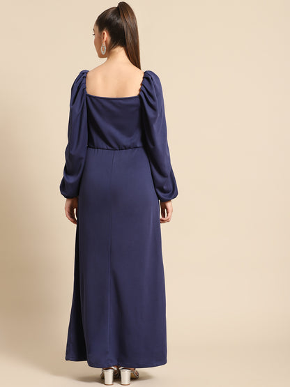 Elegant Navy Blue Maxi Dress for Women – Long Puff Sleeve Evening Gown with Square Neck