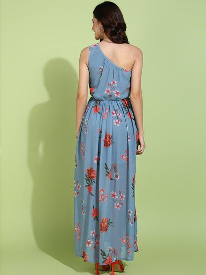 Blue One Shoulder Floral Maxi Dress for Women | Elegant Summer Long Dress