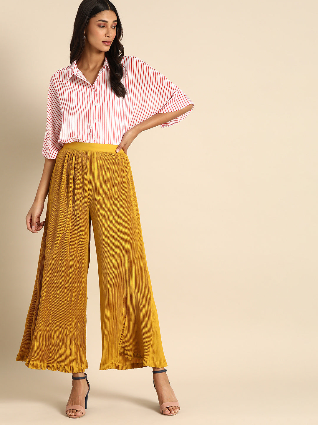 Mustard Yellow Pleated Wide Leg Palazzo Pants for Women – High Waist Casual & Party Wear