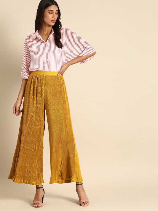 Mustard Yellow Pleated Wide Leg Palazzo Pants for Women – High Waist Casual & Party Wear