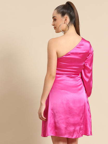 Hot Pink Satin One-Shoulder Mini Dress for Women – Stylish Short Party Dress with Long Sleeve
