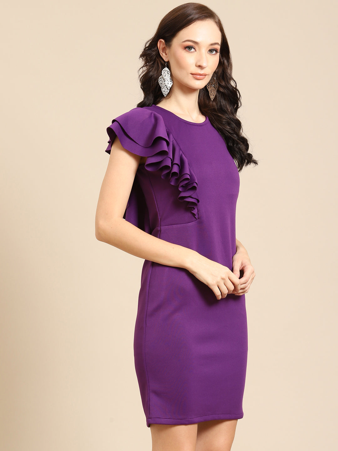 Elegant Purple Bodycon Dress with Ruffled Sleeve for Women