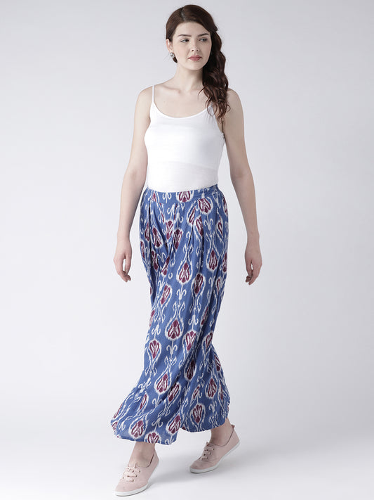 Women's Indigo Blue Ikat Printed Wide-Leg Trousers – Casual Ethnic Cotton Pants