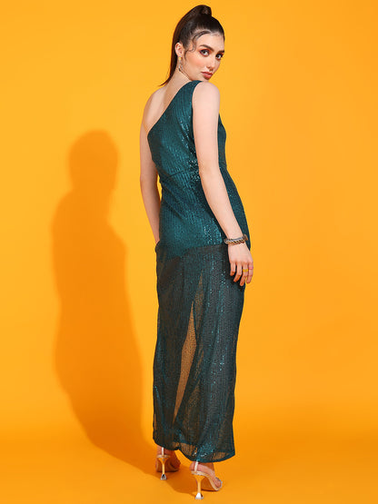 One Shoulder Green Sequin Gown with High Slit | Party Wear Dress