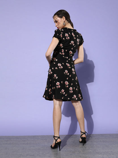 Black Floral Wrap Dress Elegant Puff Sleeve A-Line for Day & Night