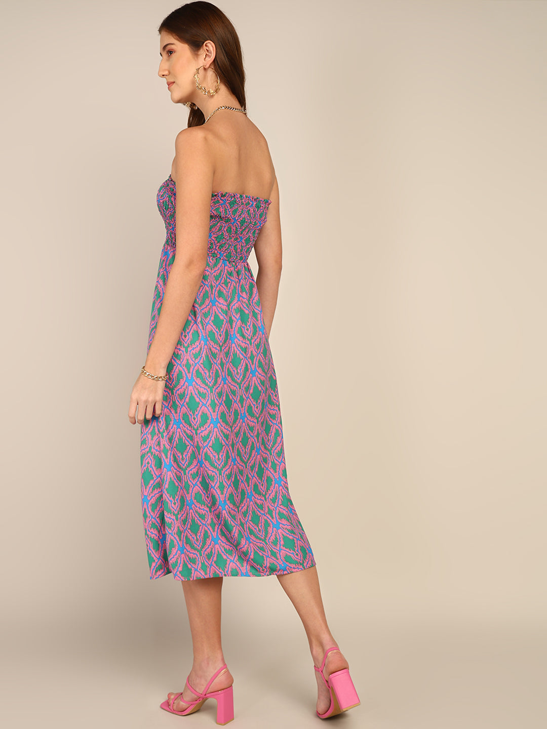 Pink and Green Smocked Strapless Midi Dress for Women