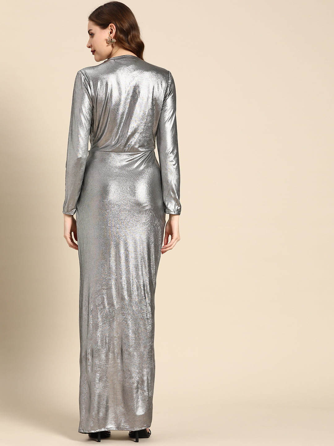 Silver Metallic Long Sleeve Plunge Neck High Slit Maxi Dress