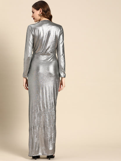 Silver Metallic Long Sleeve Plunge Neck High Slit Maxi Dress