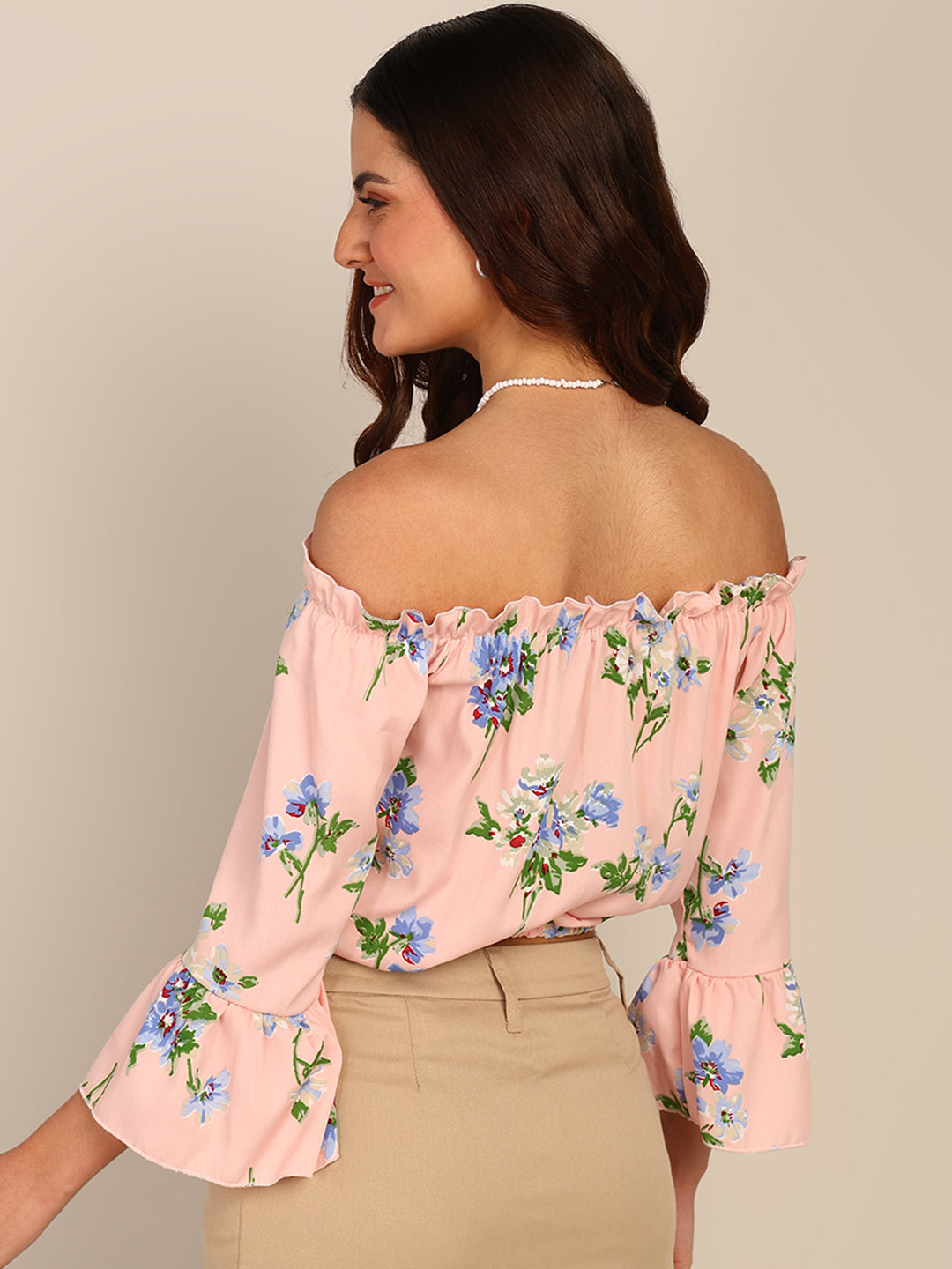 Peach Floral Off Shoulder Top for Women with Bell Sleeves