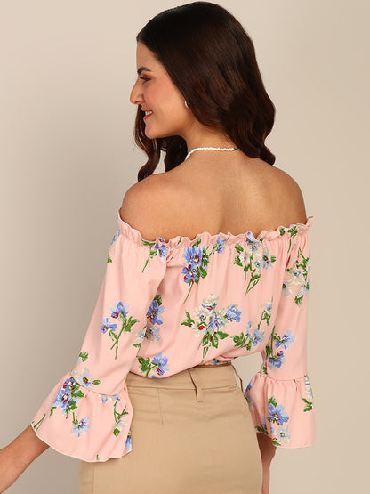 Peach Floral Off Shoulder Top for Women with Bell Sleeves