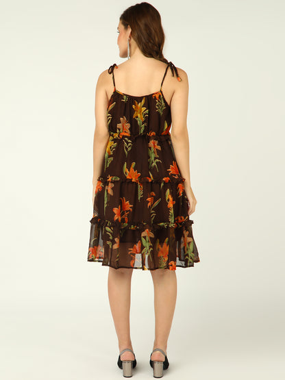 Women's Brown Floral Print Sleeveless Ruffle Hem Midi Dress