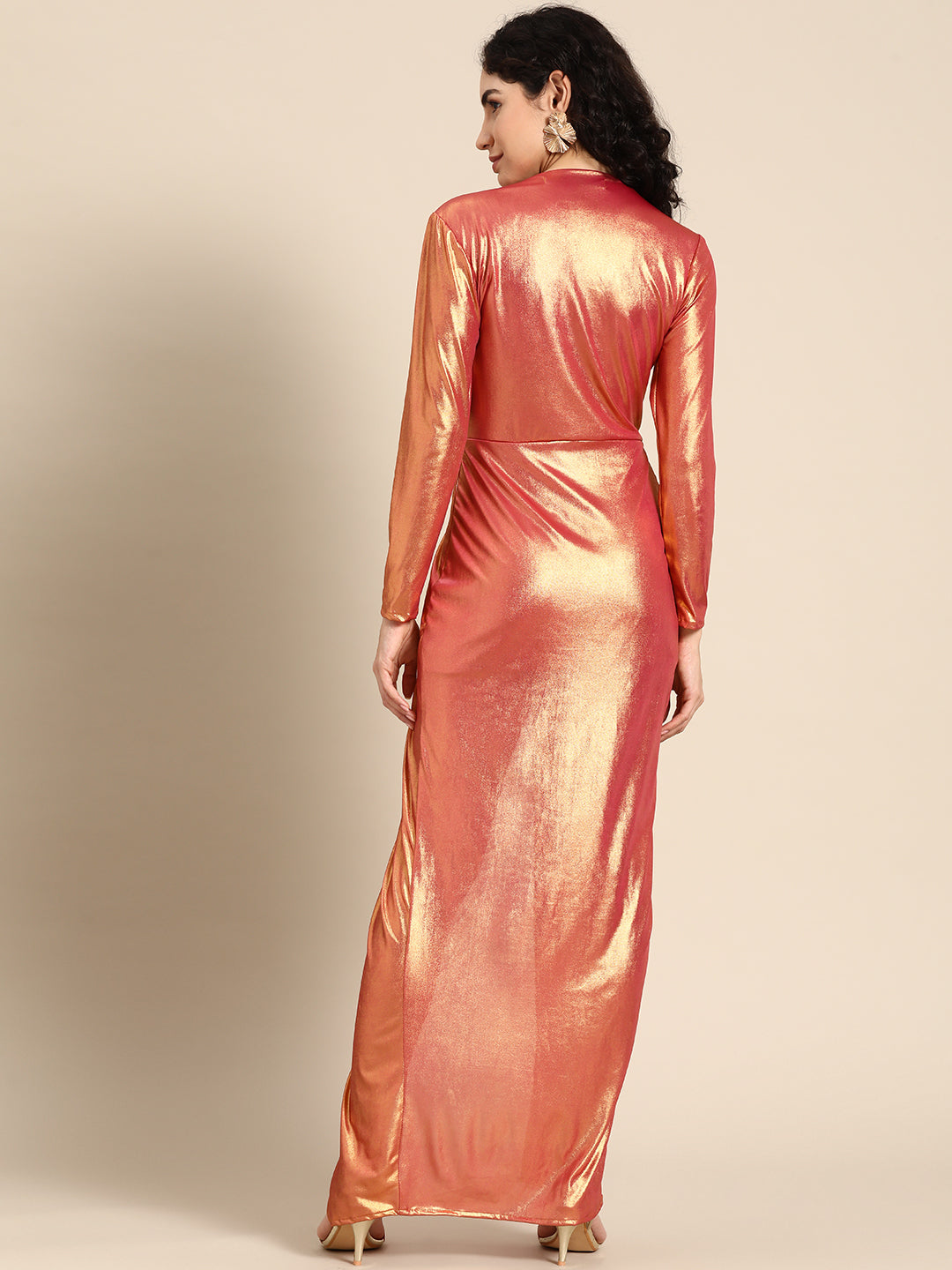 Women's Metallic Orange Draped Gown with Plunge Neck and High Slit