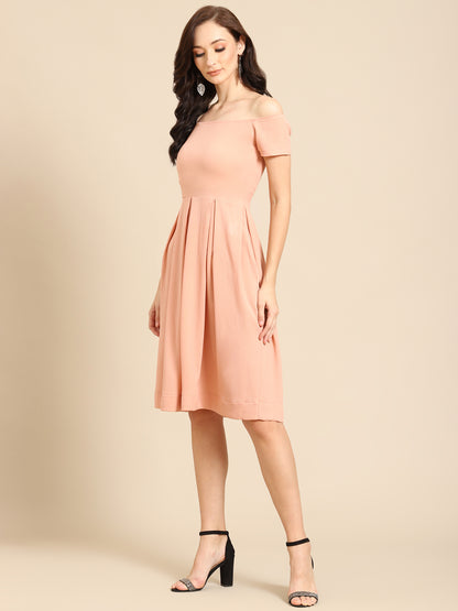 Elegant Peach Off Shoulder Pleated Midi Dress for Women