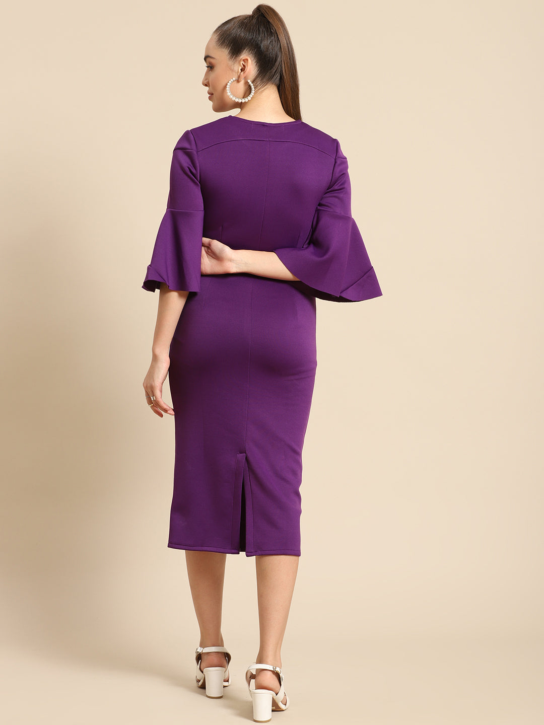 Elegant Purple Bodycon Midi Dress for Women with Flared Sleeves – Party & Office Wear